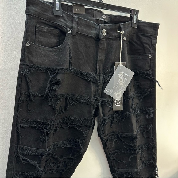 Focus Denim Mens Distressed Black Wash Skinny FLARED STACKED JEAN 36 - Picture 6 of 7